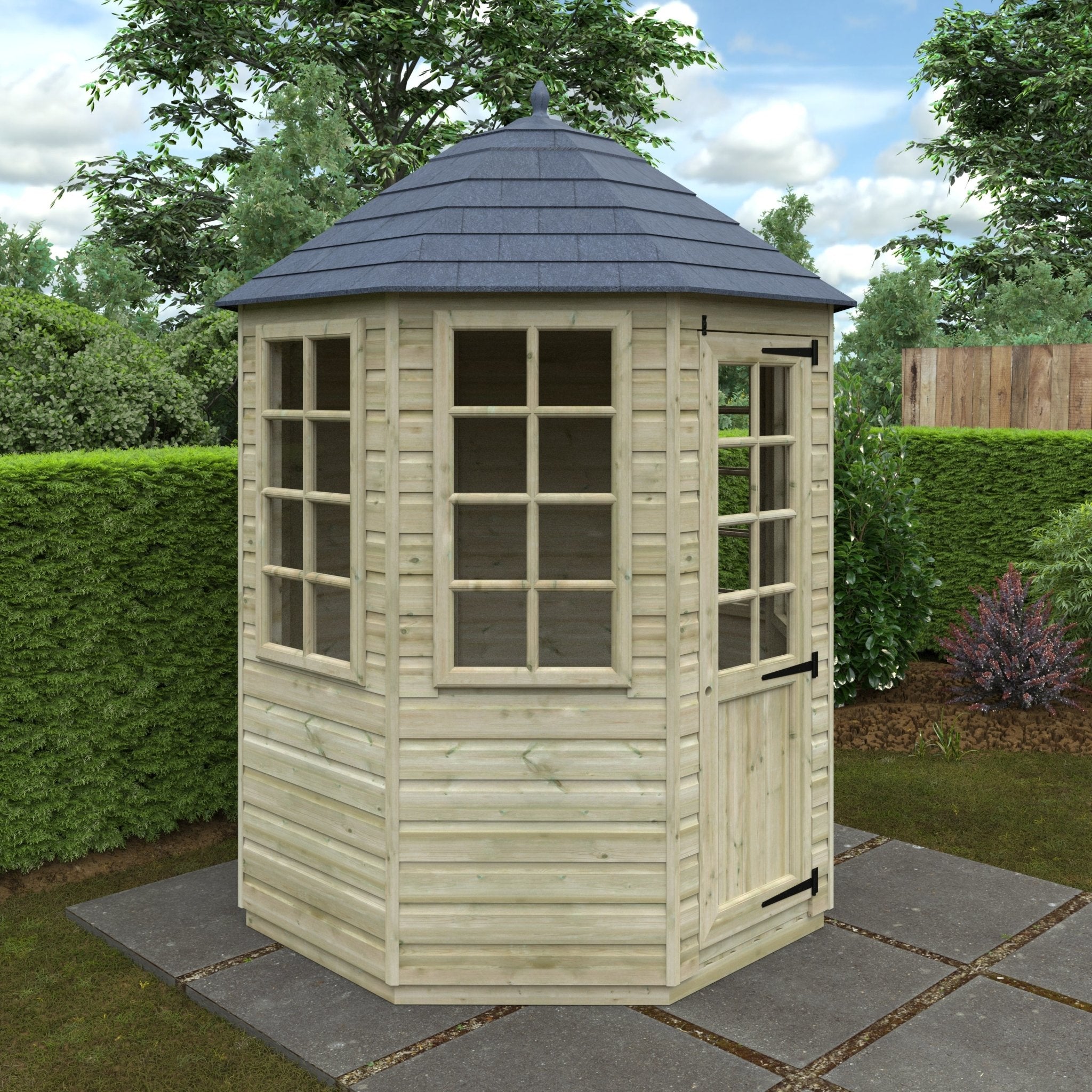 Pressure Treated Tanalised Octagonal Summerhouse with Georgian Door and Windows and Fibreglass Roof - summerhouse
